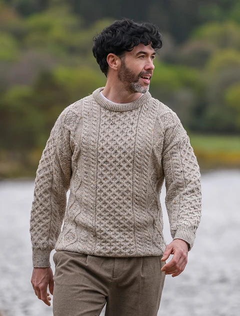 Men's Cable Knit Crew Neck Aran Wool Sweater - Skiddaw