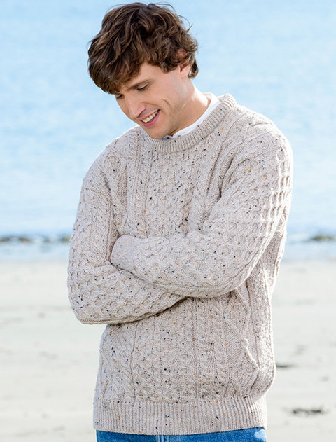 Men's Cable Knit Crew Neck Aran Wool Sweater - Skiddaw