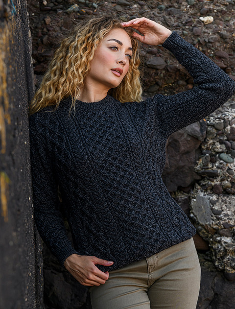 Heavyweight Merino Wool Aran Sweater -Charcoal Marl