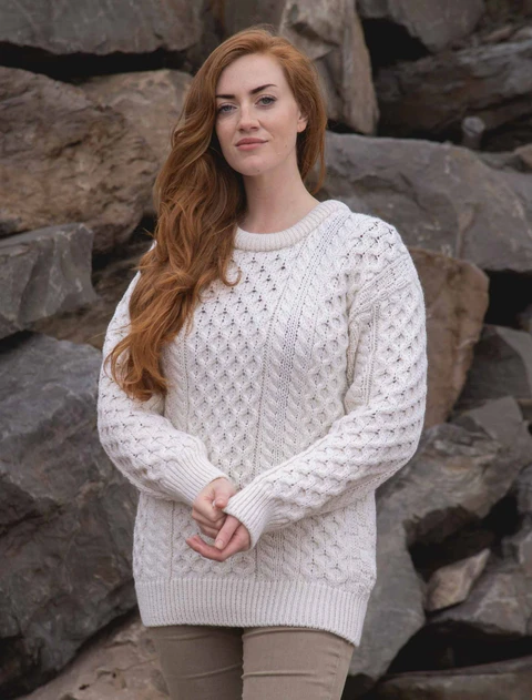 Women's Dún Aonghasa Heavyweight Aran Sweater -  Natural White