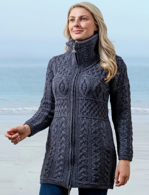 Double Collar Merino Aran Coat -Cormorant Blue