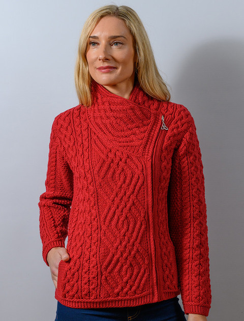 Cable Knit Jacket with Celtic Knot Side Zip - Cherry