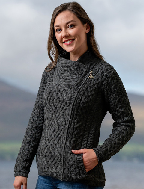 Cable Knit Jacket with Celtic Knot Side Zip -  Charcoal