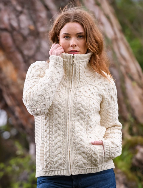 Double Collar Zip Merino Aran Cardigan - Natural White