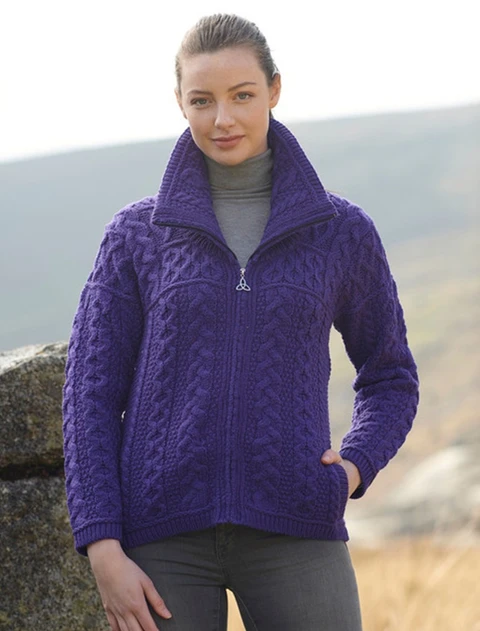 Double Collar Zip Merino Aran Cardigan - Purple