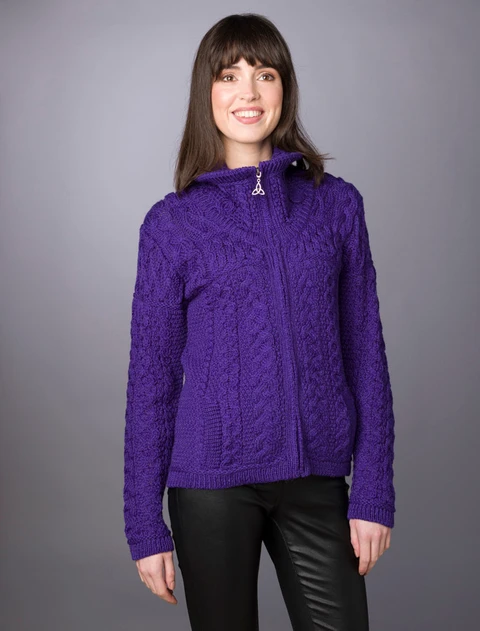 Double Collar Zip Merino Aran Cardigan - Purple