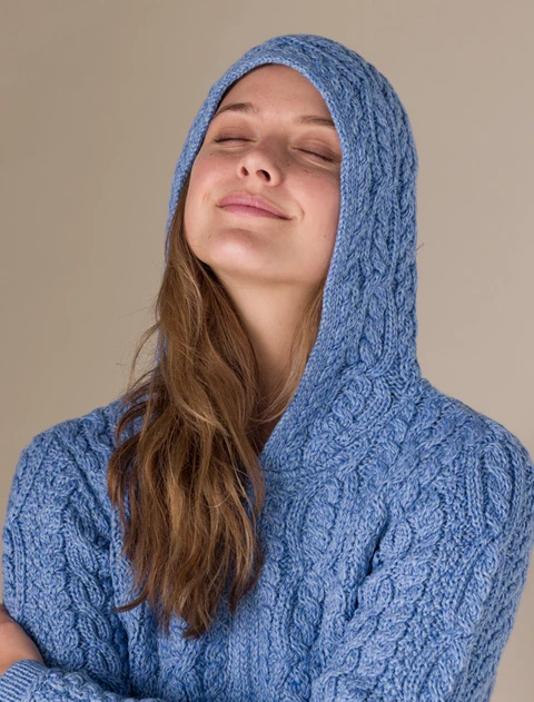 Cable Knit Hoodie with Celtic Knot Zipper Pull - Wedgewood
