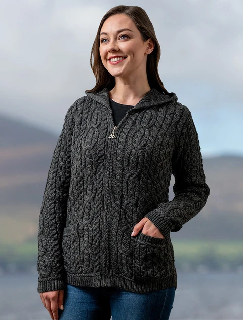 Cable Knit Hoodie with Celtic Knot Zipper Pull - Charcoal