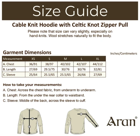 Cable Knit Hoodie with Celtic Knot Zipper Pull - Size Guide