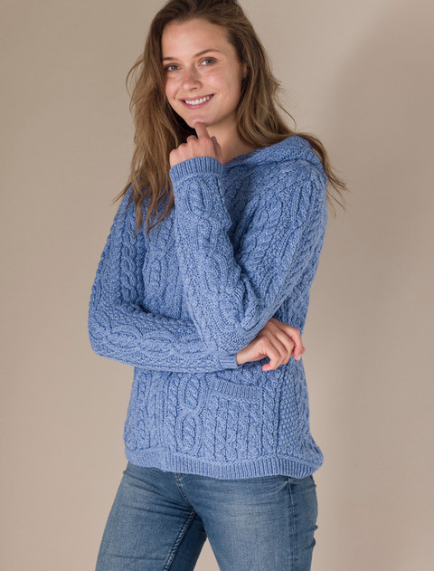 Cable Knit Hoodie with Celtic Knot Zipper Pull - Wedgewood