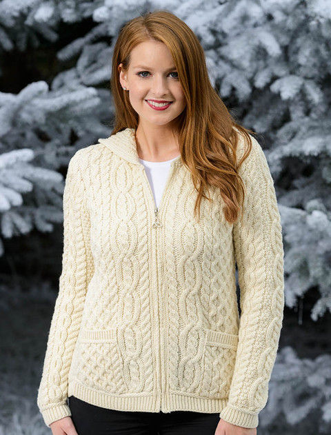 Cable Knit Hoodie with Celtic Knot Zipper Pull - White (CatImage_/christmas-for-him) (CatImage_/aran-christmas-store)
