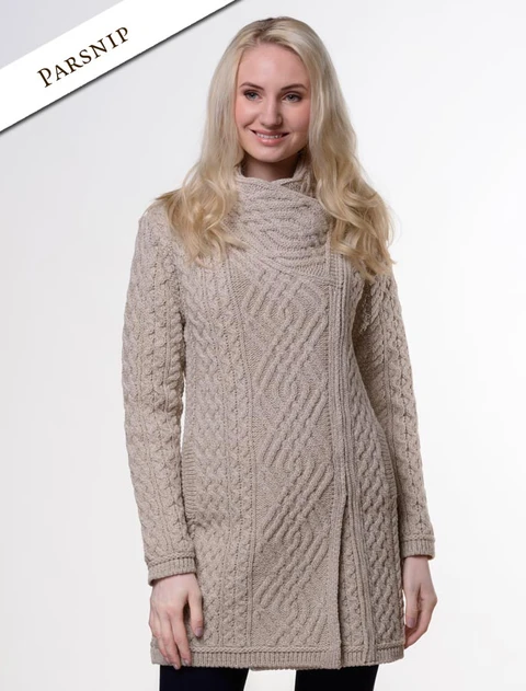 Cable Knit Coatigan with Celtic Knot Side Zip - Parsnip