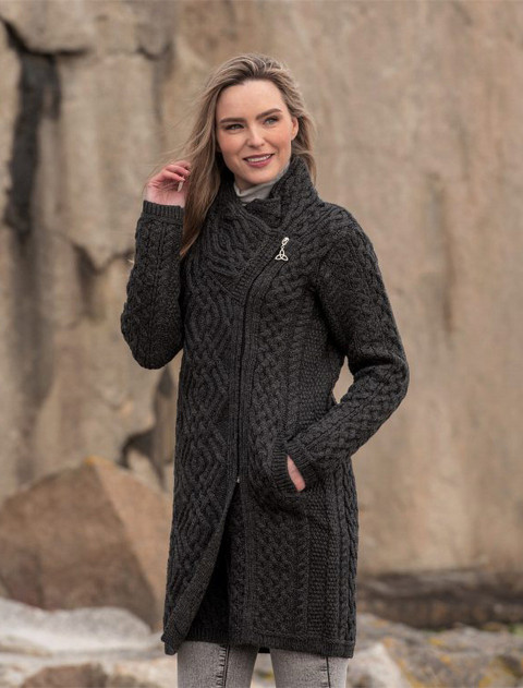 Cable Knit Coatigan with Celtic Knot Side Zip - Charcoal