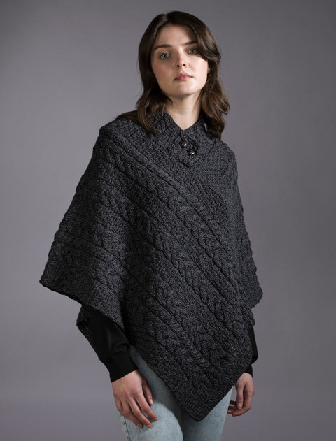 Cable Poncho with Aran Button Detail - Derby