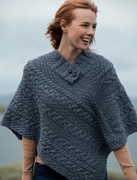 Cable Poncho with Aran Button Detail - Denim Marl
