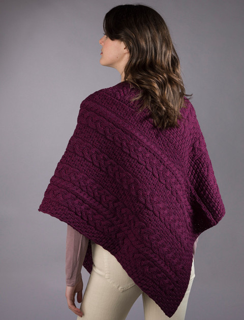 Cable Poncho with Aran Button Detail - Very Berry
