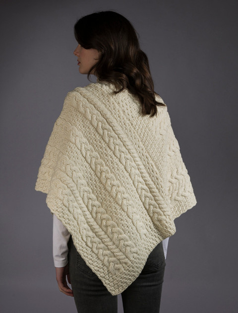 Cable Poncho with Aran Button Detail - Natural White