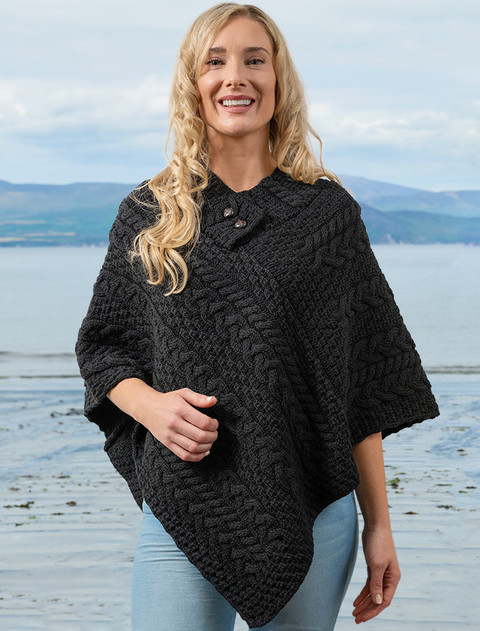 Cable Poncho with Aran Button Detail - Black