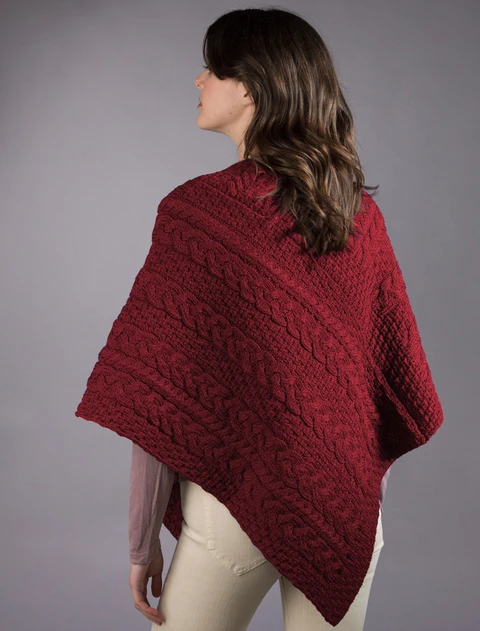 Cable Poncho with Aran Button Detail - Rich Red
