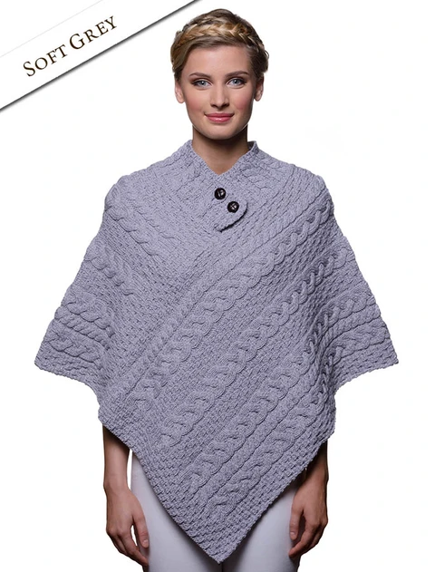 Cable Poncho with Aran Button Detail - Soft Grey