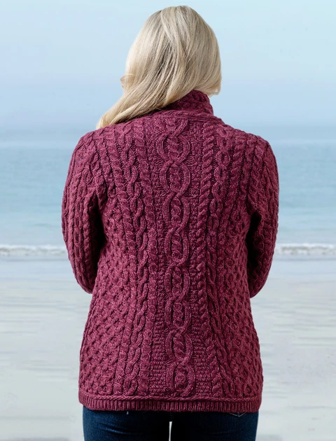 Aran Cable Crossover Neck Sweater - Wine