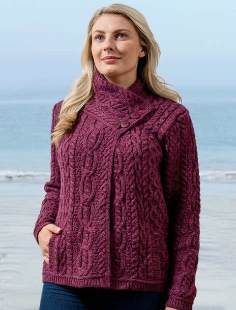 Aran Cable Crossover Neck Sweater - Wine