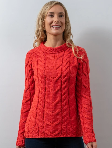 Cable Knit Aran - color: Coral; type: Front, Primary
