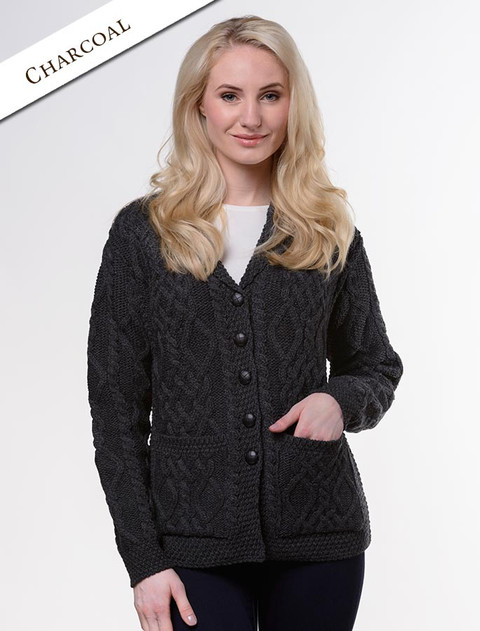 Revere Button Collar Aran Cardigan - Charcoal