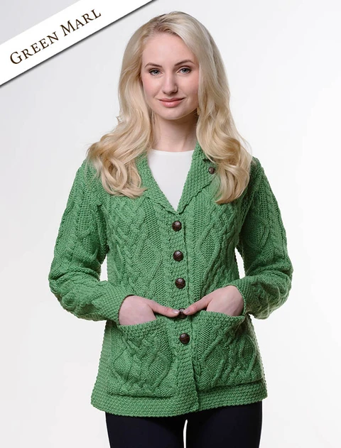 Revere Button Collar Aran Cardigan - Green Marl