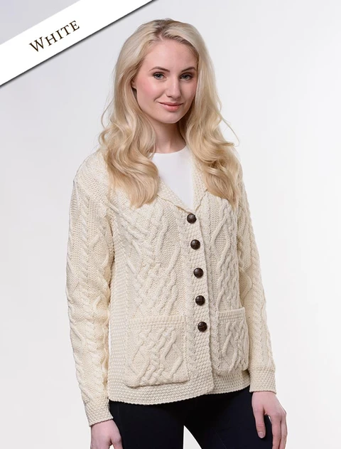 Revere Button Collar Aran Cardigan - White