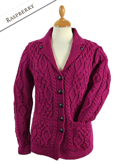 Revere Button Collar Aran Cardigan - Raspberry