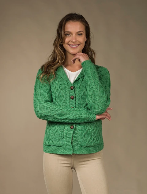 Revere Button Collar Aran Cardigan - Green Marl