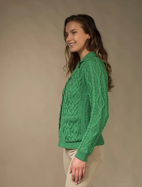 Revere Button Collar Aran Cardigan - Green Marl