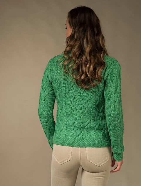 Revere Button Collar Aran Cardigan - Green Marl