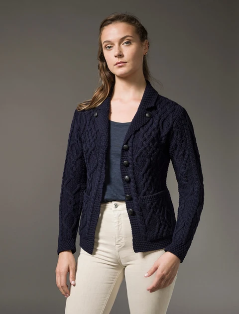 Revere Button Collar Aran Cardigan - Navy