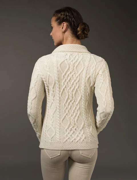 Revere Button Collar Aran Cardigan - White
