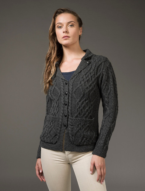 Revere Button Collar Aran Cardigan - Charcoal