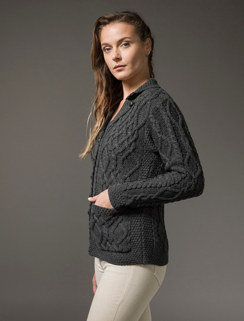 Revere Button Collar Aran Cardigan - Charcoal