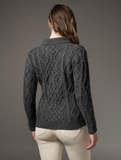 Revere Button Collar Aran Cardigan - Charcoal