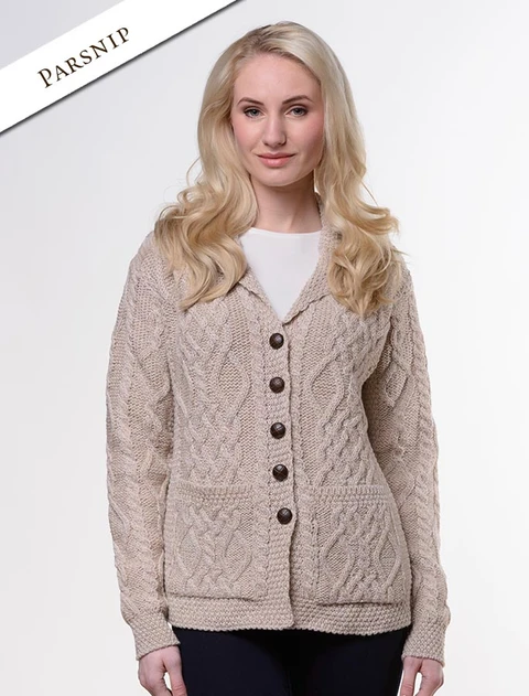 Revere Button Collar Aran Cardigan - Parsnip