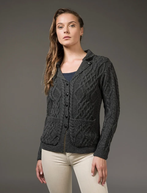 Revere Button Collar Aran Cardigan - Charcoal
