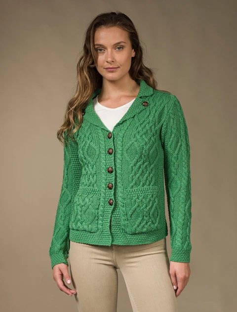 Revere Button Collar Aran Cardigan - Green Marl