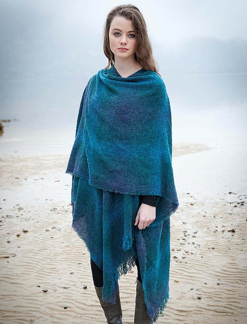Lambswool Celtic Ruana Wrap - Teal Blue Checks