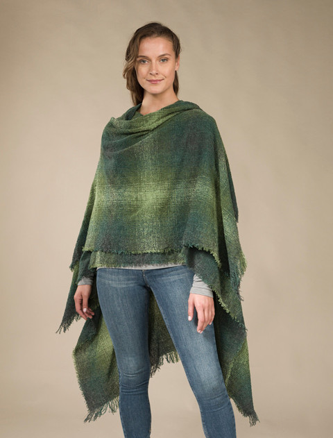 Lambswool Celtic Ruana Wrap - Green Checks