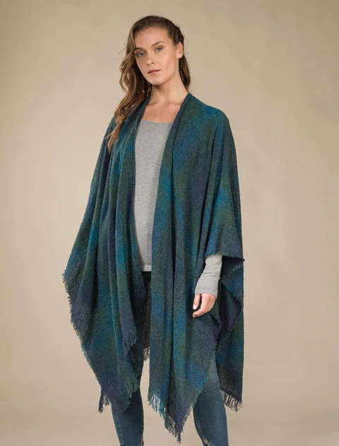 Lambswool Celtic Ruana Wrap - Blue Teal Checks