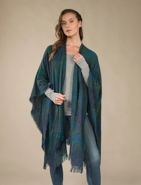 Lambswool Celtic Ruana Wrap - Blue Teal Checks