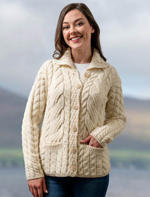 Cable Knit Button-Up Cardigan - White