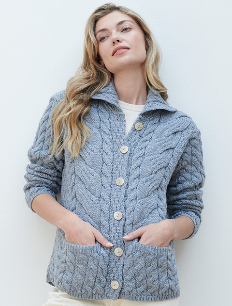Cable Knit Button-Up Cardigan - Ocean Grey