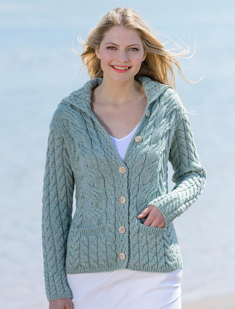 Cable Knit Button-Up Cardigan - Sea Foam Green
