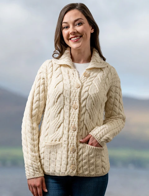 Cable Knit Button-Up Cardigan - Natural White